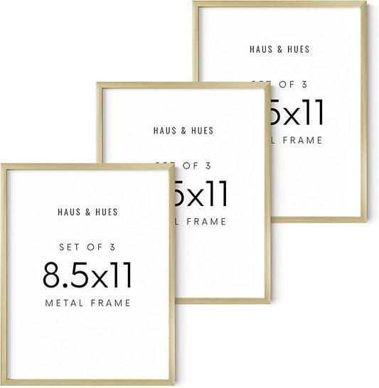 HAUS AND HUES 8.5x11 Gold Metal Picture Frames - Features Premium Aluminum, Vertical & Horizontal Hang, Shatterproof Plexiglass - Perfect for Home, Room, Office (8.5x11 in, Gold, Set of 3)
