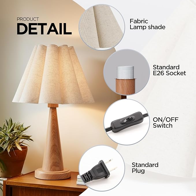 Modern Table Lamp with Petal Linen Lampshade, Light Faux Wood Metal Base, 20.5” Bedside Nightstand Lamp for Bedroom, Living Room, Office, E26 Base, Max 60W (Bulb Not Included)