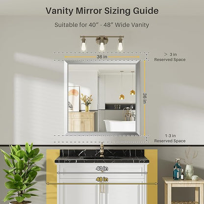 36x36 Inch Brushed Silver Bathroom Mirror for Wall, Thick Metal Framed Rectangle Mirrors for Over Sink, Bedroom, Living Room, Entryway, Anti-Rust, HD Tempered Glass