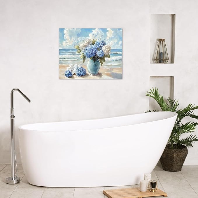 LB Blue Hydrangea Beach Wall Art Blue and White Floral Coastal Ocean Canvas Wall Art Modern Aesthetic Wall Decor for Bedroom Bathroom Living Room Framed Artwork Ready to Hang 12L x 12W