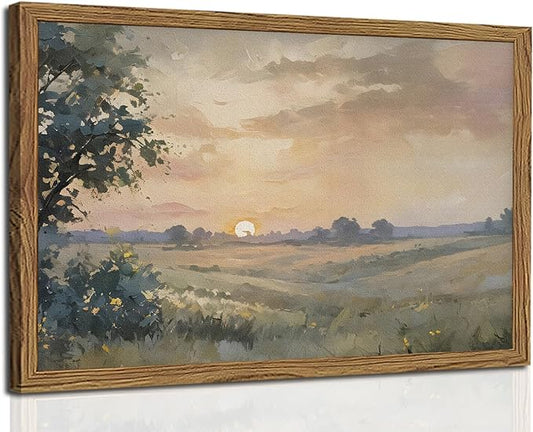 Vintage Sunset Wall Art Rustic Cottagecore Landscape Wall Decor Fall Country Nature Painting Artwork 3D Textured Sandstone for Living Room Bedroom 12x16 Inch Wood Framed