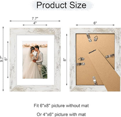 iRahmen 6x8 Picture Frame with Mat 4x6 - High Definition Real Glass Wooden Photo Frames for Tabletop Display and Wall Mounting (Distressed-White, Set of 2)