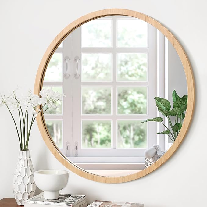 JJUUYOU Round Mirror Wall Mounted Circle Mirror Circular Vintage Wood Frame Mirrors for Bathroom Living Room Bedroom Dormitory Washroom Mirrors,Wood