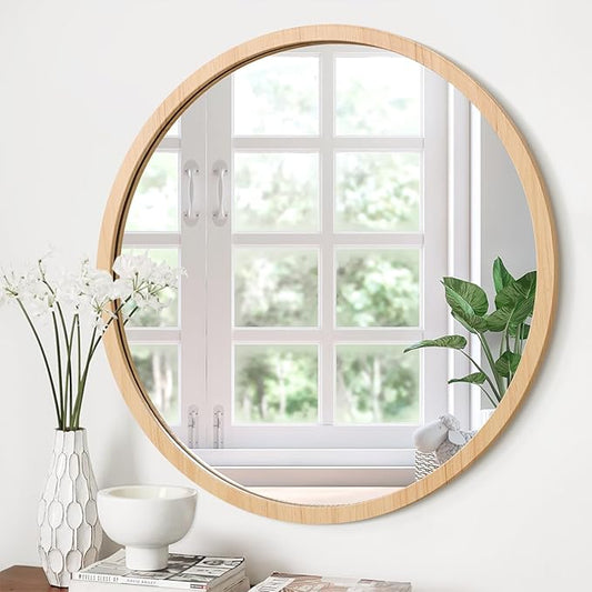 JJUUYOU Round Mirror Wall Mounted Circle Mirror Circular Vintage Wood Frame Mirrors for Bathroom Living Room Bedroom Dormitory Washroom Mirrors,Wood