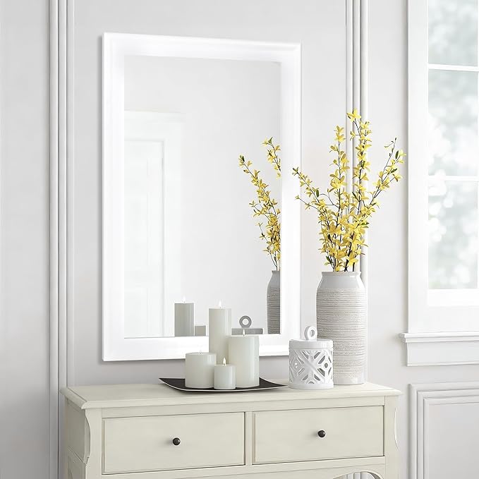 Tanmicoshomy White Bathroom Mirror 20x30 Inch, Wood Wall Mirrors with Tempered Glass for Bathroom Living Room Bedroom or Hallway
