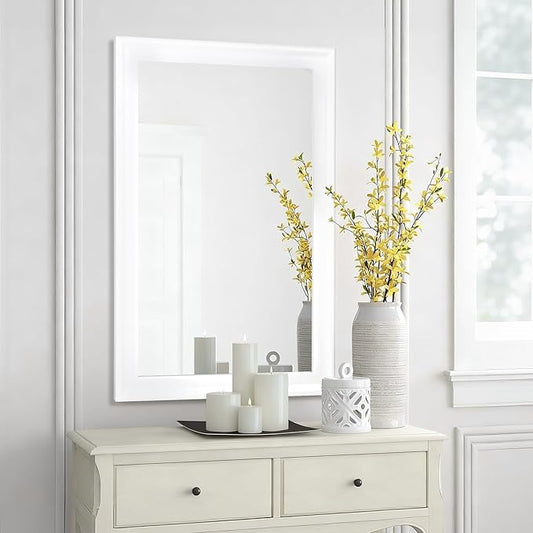 Tanmicoshomy White Bathroom Mirror 20x30 Inch, Wood Wall Mirrors with Tempered Glass for Bathroom Living Room Bedroom or Hallway