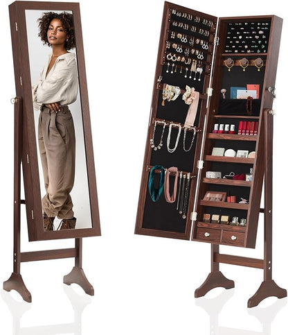 DUMOS Jewelry Armoire Cabinet with Full Length Mirror, 47.3" Jewelry Organizer, Lockable Large Capacity Jewelry Armoire with Drawers, 3 Adjustable Angles, Rustic