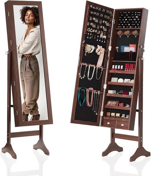 DUMOS Jewelry Armoire Cabinet with Full Length Mirror, 47.3" Jewelry Organizer, Lockable Large Capacity Jewelry Armoire with Drawers, 3 Adjustable Angles, Rustic