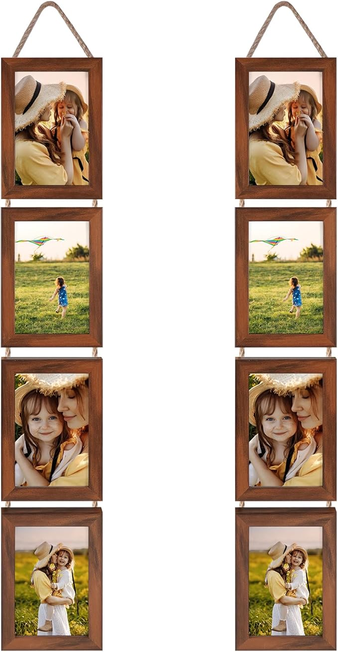 Lavezee 4x6 Hanging Collage Picture Frames Set of 2, 8 Opening Vertical Frame for Wall Mounting, Walnut Brown