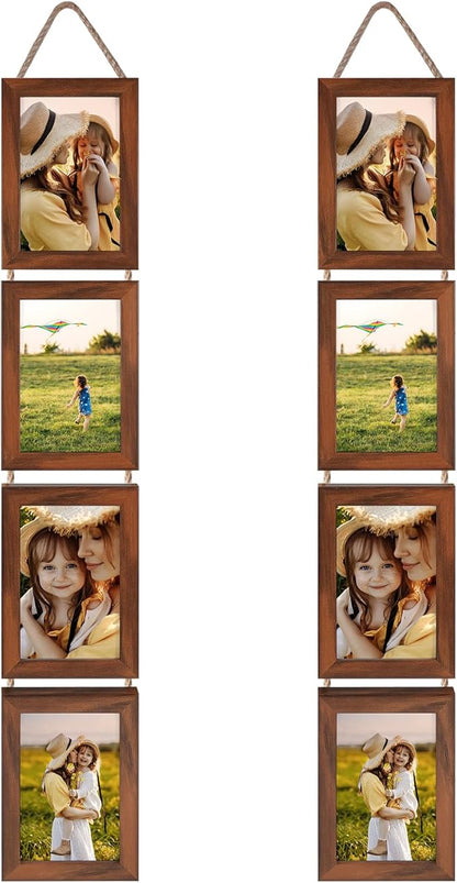 Lavezee 4x6 Hanging Collage Picture Frames Set of 2, 8 Opening Vertical Frame for Wall Mounting, Walnut Brown