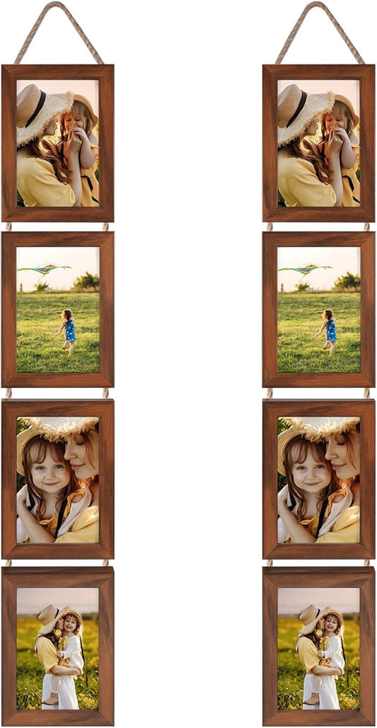 Lavezee 4x6 Hanging Collage Picture Frames Set of 2, 8 Opening Vertical Frame for Wall Mounting, Walnut Brown