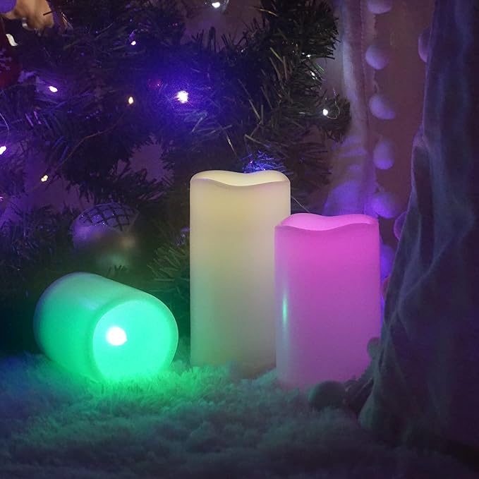 CANDLE CHOICE Waterproof Outdoor Color Changing Flameless Candles Remote Timer Realistic Flickering Battery Operated Fake Electric LED White Plastic Pillars for Wedding Christmas Decoration 3 Pack