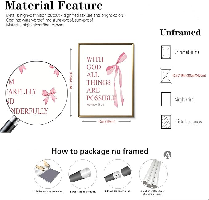 JBZDD Coquette Pink Bow Wall Art Decor Posters Set of 3, Inspirational Bible Verses Pictures Prints Coquette Aesthetic for Girls Room College Apartment Living Room Bedroom Unframed 12x16 In