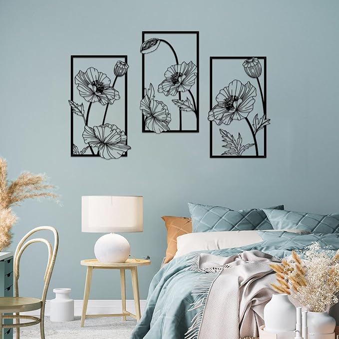 Resama 3 Pcs Black Metal Flowers Wall Decor, Minimalist Abstract Wall Art Modern Floral Line Wall Sculpture Hanging for Bedroom Bathroom Kitchen