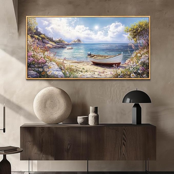 Wood Farmed Large Wall Decor For Living Room Canvas Wall Art For Office Modern Wall Decorations For Bedroom The Sea Boat Landscape Painting Farmhouse Pictures Artwork Room Home Decor 24x48 In