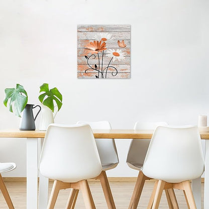 HVEST Farmhouse Orange Floral Wall Art for Living Room, Daisy Flower and Butterfly on Rustic Wood Pictures Wall Decor Nature Plant Framed Canvas Wall Art for Bedroom Bathroom Decor,12L X 12W inches