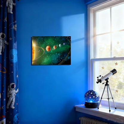 12x16 Framed Solar System Space Canvas Wall Art Green Galaxy Planets Astronomical Decor Kids Bedroom Cosmic Wall Pictures Teen Boy Room Universe Galaxy Poster Child Office Study Room Art Prints