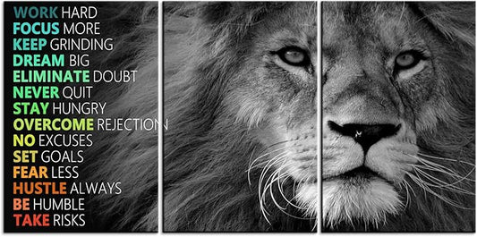 Motivational Lion Wall Art 3 Pieces Poster Inspirational Canvas Positive Wall Art Quotes Success Canvas Artwork Picture Print Framed for Home Office Living Room Gym Wall Decor [48''Wx 24''H]