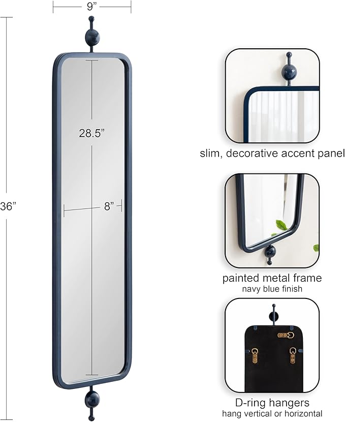 Kate and Laurel Kasota Traditional Slim Panel Wall Mirror, 9 x 36, Navy Blue, Vintage Tall Mirror for Use as Versatile Entryway or Bedroom Wall Decor