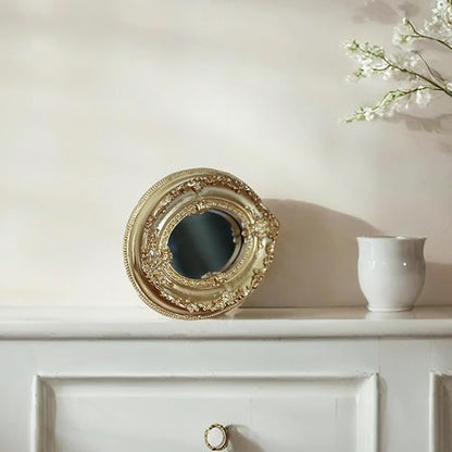 Golden Mini Vintage Mirror with Exquisite Relief Elegant Wall Decor for Bedroom Dresser Table Compact Resin Retro Design (Golden Oval, 4.7 X5.5)