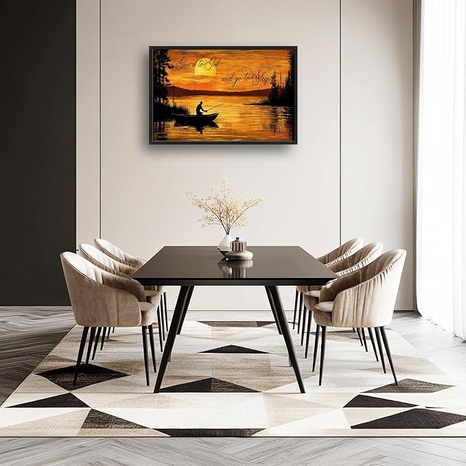 Fishing Large Wall Art for Living Room Farmhouse Give It to God and Go to Sleep Canvas Decor Rustic Fisherman Prints Painting Pictures Extra Large Farm Fish Sunset Framed Artwork for Bedroom 24"x36"