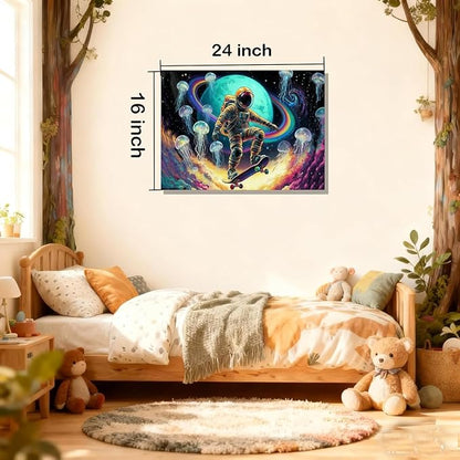 16x24 Framed Space Astronaut Skateboard Canvas Wall Art Colorful Galaxy Print with Jellyfish Rainbow Cosmic Tenn Boy Room Fantasy Decor Kids Bedroom Funny Earth Poster Child Study Room Office Picture