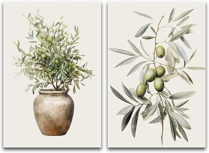 ZHBJSM Olive Branch Wall Art Set of 2 Boho Farmhouse Scandinavian Minimalist Watercolor Olive Branch Clay Vase Earthy Neutral Tone For Home Kitchen Dining Room Living Room 16x24 Inch Unframed
