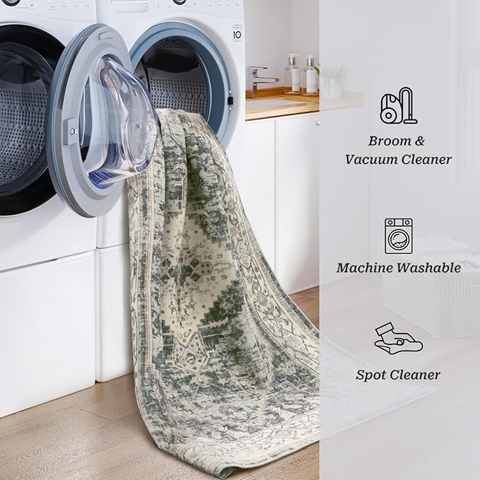 8x10 Washable Area Rug - Non Slip Vintage Rugs Soft Foldable Stain Resistant Large Carpet for Bedroom Living Room Office & Home Decor (Green,8'x10')