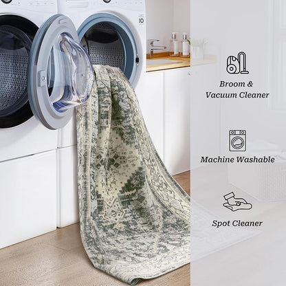 8x10 Washable Area Rug - Non Slip Vintage Rugs Soft Foldable Stain Resistant Large Carpet for Bedroom Living Room Office & Home Decor (Green,8'x10')