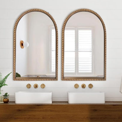 BAODANFU Traditional Wall Mirror Vintage Gold, 24" x 40" Tall Narrow Arch Antique Beaded Frame Decorative Accent Vanity Wall Decor, Arched Vertical Mirrors for Bathroom, Living Room, Entryway