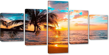 Ocean Canvas Wall Art Beach Sunset Poster Modern Seascape Pictures HD Print on Canvas Framed Landscape Artwork for Living Room Kitchen Bedroom Wall Decorations Stretched Ready to Hang - 50''W x 24''H