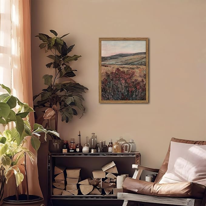 Moody Landscape Wall Art Vintage Wildflower Wall Decor Painting Cottagecore Nature Botanical Flower Picture Artwork 3D Textured Hand Drawn Sandstone for Living Room Bedroom 12x16 inch Wood Framed