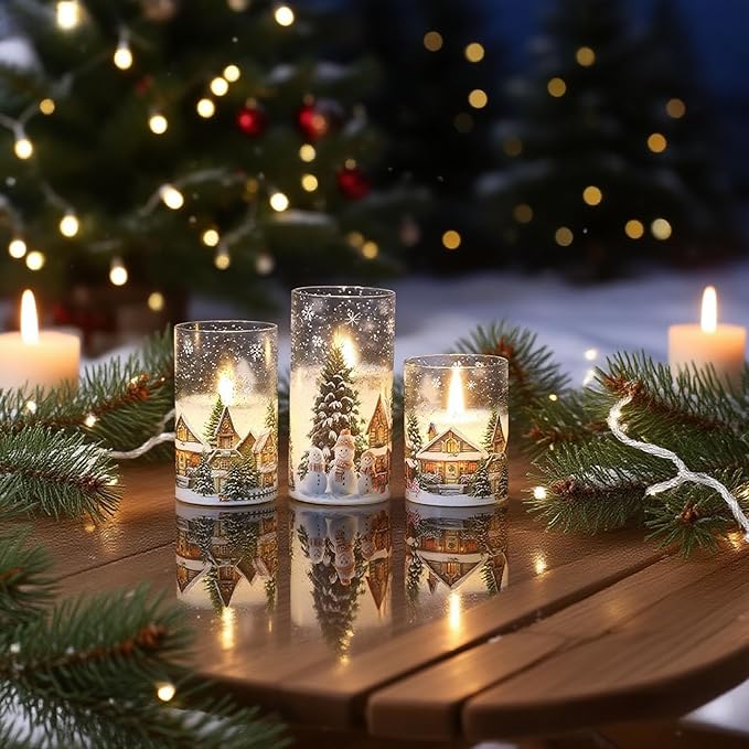 Snowman House Glass Flameless Candles Battery Operated with Remote and Timer Real Wax LED Flickering Pillar Candles Cold White Light Window Christmas Holiday Decor 3" D x 4", 5", 6" H