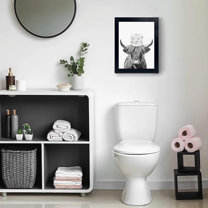 YongArt Black Framed Bathroom Decor - Funny Highland Cow Wall Art in Bathtub, 8x10''