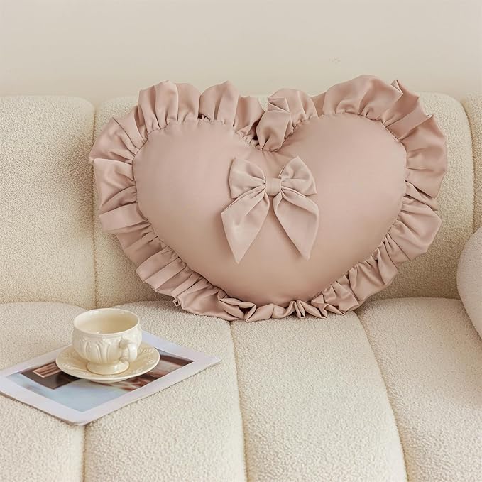 MOJUN Heart Pillow, Cute Soft Heart Shaped Throw Pillow Ruffle Love Bow Pillow Decorative Pillows Cushion for Couch Sofa Living Room Bed Chair Wedding Gifts Pillows, Champagne
