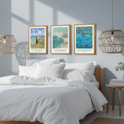 JLTULT 3 Piece Framed Vintage Claude Monet Canvas Wall Art, Impressionism Landscape Wall Decor, The Cliff Walk at Pourville Water Lilies Prints for Living Room Bedroom Office 16x24 in Easy to Hang