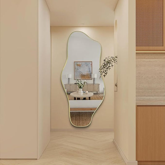 Irregular Mirror Full Length, 67"x31" Large Asymmetrical Tempered Glass Mirror, Gold Organic Frameless Wall Mirrors for Living Room Bedroom Hallway Entryway, Horizontal or Vertical Hanging