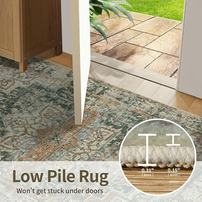 Rugxara 6x9 Area Rugs for Living Room Bedroom, Large Washable Rug, Green Vintage Floral Boho Style, Non Slip & Low Pile Carpet for Indoor Dining Room, Dorm and Kids Room(Green 6x9ft)