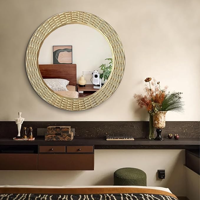 WAMIRRO Gold Round Wood Mirror, 28 Inch Hand Carved Solid Wood Frame Circle Mirror for Wall Mount, Farmhouse Boho Decor for Living Room, Bathroom, Bedroom, Hallway & Entryway