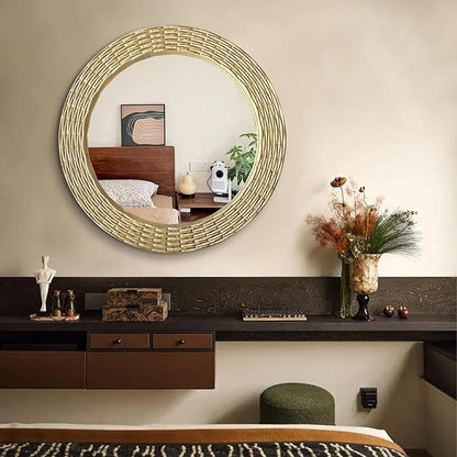 WAMIRRO Gold Round Wood Mirror, 28 Inch Hand Carved Solid Wood Frame Circle Mirror for Wall Mount, Farmhouse Boho Decor for Living Room, Bathroom, Bedroom, Hallway & Entryway