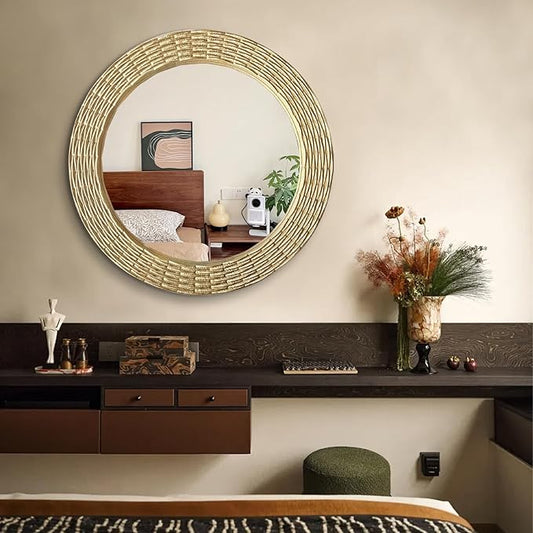 WAMIRRO Gold Round Wood Mirror, 28 Inch Hand Carved Solid Wood Frame Circle Mirror for Wall Mount, Farmhouse Boho Decor for Living Room, Bathroom, Bedroom, Hallway & Entryway