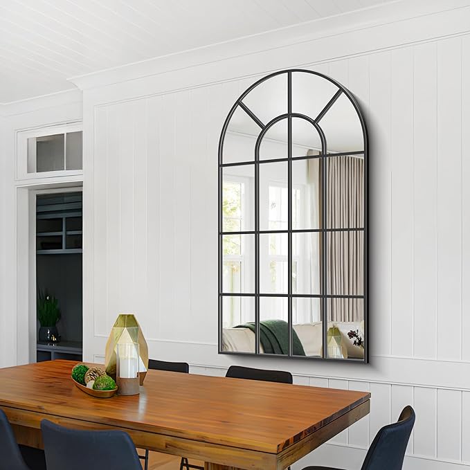Arched Mirror, 30"x55" Arch Window Mirror, Black Frame Window Pane Wall Decor, Large Wall Mounted Decorative for Living Room Bedroom Entryway Hanging or Leaning Against