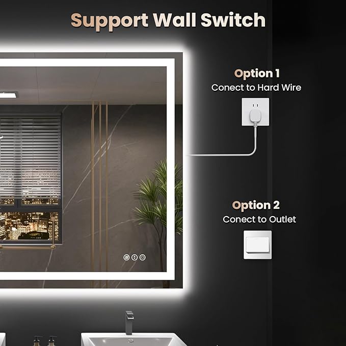 Snowdool 48"X32" LED Bathroom Mirror with Front Lights and Backlit, Anti-Fog, Dimmable, Shatter-Proof Tempered Glass, Lighted Bathroom Vanity Mirror for Wall with 3 Colors, Memory Function