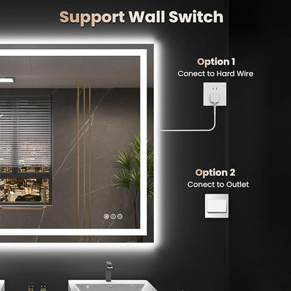 Snowdool 48"X32" LED Bathroom Mirror with Front Lights and Backlit, Anti-Fog, Dimmable, Shatter-Proof Tempered Glass, Lighted Bathroom Vanity Mirror for Wall with 3 Colors, Memory Function