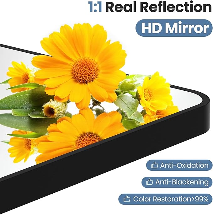 NEWBULIG 20X28 Inch Bathroom Mirror, Rectangle Wall Mirror with Rounded Corners, Black Vanity Mirrors for Bathroom Sink with Metal Frame for Bedroom, Entryway, Hangs Horizontally or Vertically