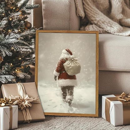 Framed Vintage Christmas Canvas Wall Art, Rustic Santa Claus Walking Snowy Wall Decor Paintings, Winter Holiday Aesthetics Pictures Print Christmas Home Decor for Living Room Bedroom 12×16 inch