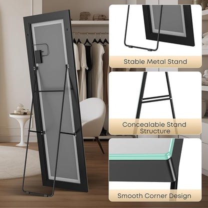 Kosmonia 71x28 Frameless Full Length Mirror, Dimmable 3 Color LED Light w/Memory Function, Distortion Free, HD Reflection & Anti Desilvering, Tempered Glass, Easy Setup w/Stand, Wall/Standing
