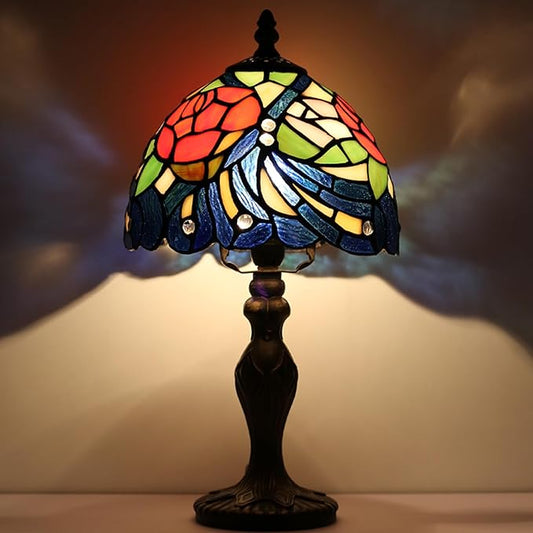 Tiffany Style Lamp Stained Glass Table Lamp 8" x 14.5" Mini Accent Light Pink Red Rose Feather Design Small Decorative Bedside Bedroom Living Room Memory Lamp