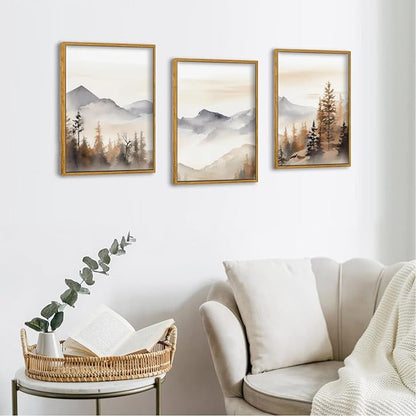 TBKHUDBI Framed Neutral Mountain Wall Art Forest Landscape Canvas Painting Prints Set of 3 Abstract Nature Watercolor Picture Wall Decor for Living Room Bedroom Bathroom Office 16"x24"in