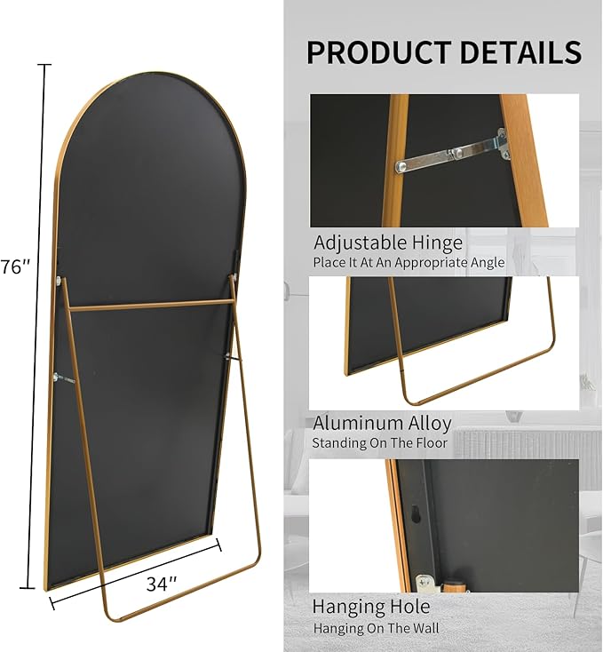 Beauty4U Arched Full Length Mirror 76" x 34", Gold Large Full Body Mirror with Stand, Floor Standing & Wall Mounted HD Tempered Glass Dressing Mirror for Bedroom, Living Room, Entryway